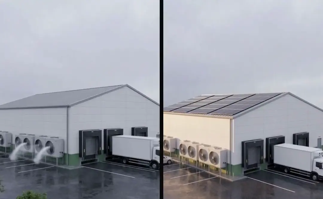 Two 3D clips of a large cold store playing side by side: with a bare roof on the left and with panels in sunshine on the right