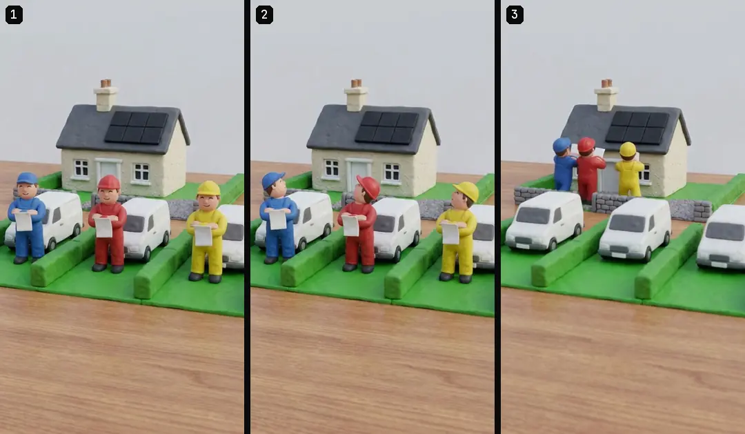 Three numbered full vertical frames from one clay shot, as three installers walk from their vans across the lawns toward a house