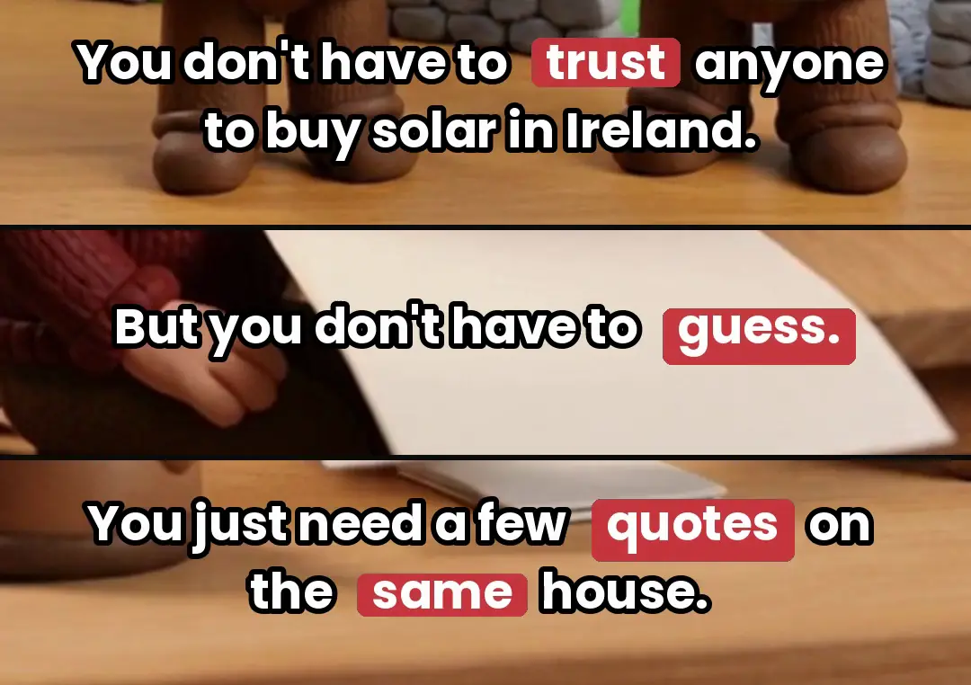 Three caption strips from one ad stacked on top of each other, each a short group of white bold words with one or two words in red boxes