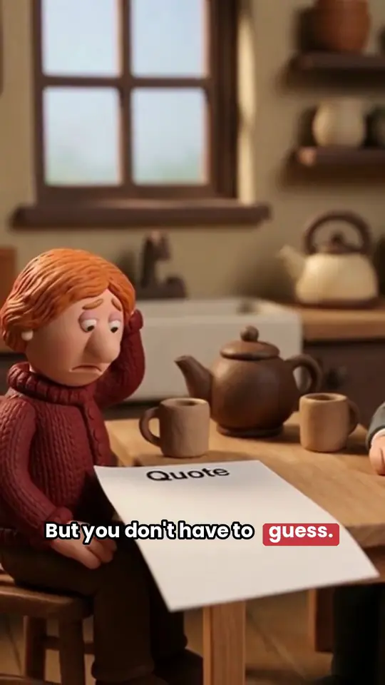 A muted vertical loop from a clay ad: the captions change group by group while a woman in a red sweater sits at a kitchen table beside a sheet of paper