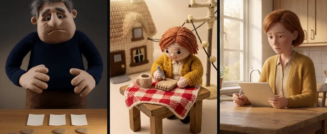 Three possible pictures for one voiceover: a clay man gesturing at a table, a crochet woman with a blank notepad, and a 3D woman looking at a notepad
