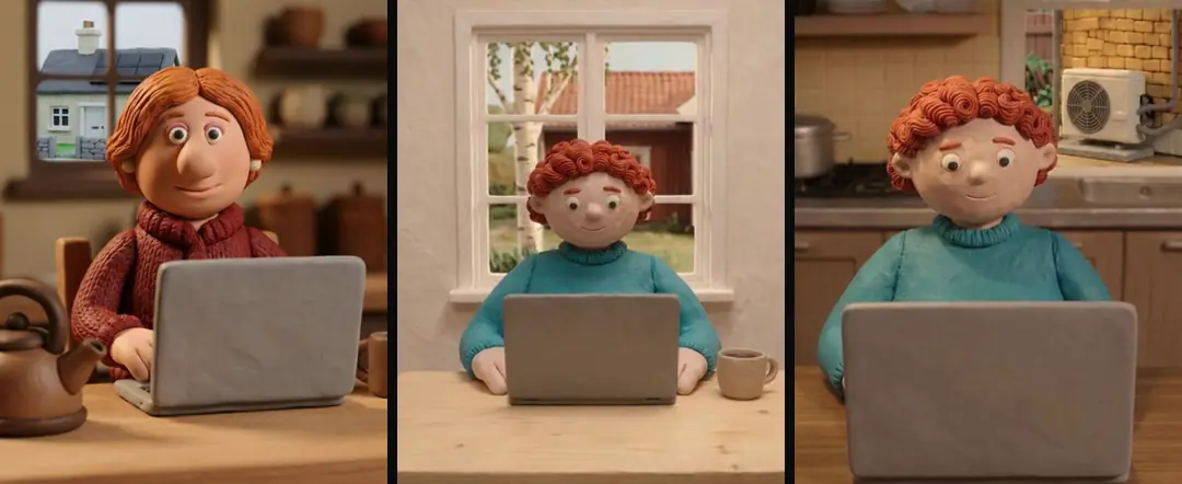 The same clay closing shot in three local kitchens: a smiling clay woman at a laptop with a blank lid
