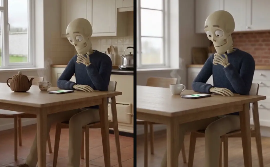 The same skeleton scene in two local kitchens: a phone lights up on the table while the skeleton sits beside a cup