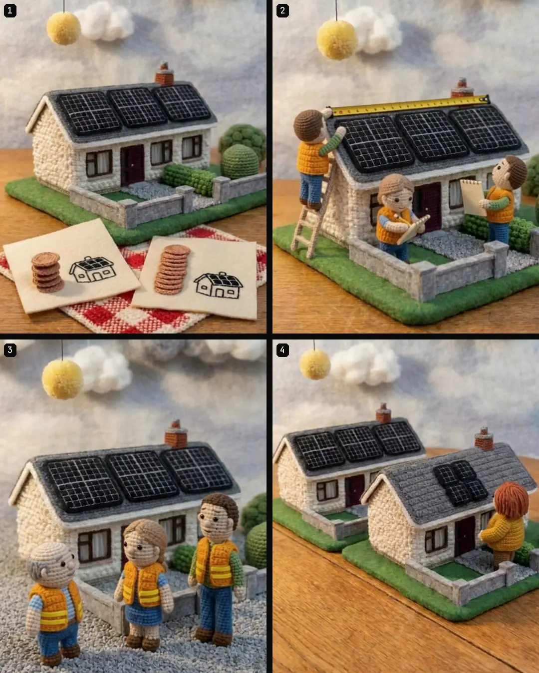 Four numbered crochet clips in edit order: a bungalow with panels, installers measuring it, three installers in vests, and two bungalows side by side
