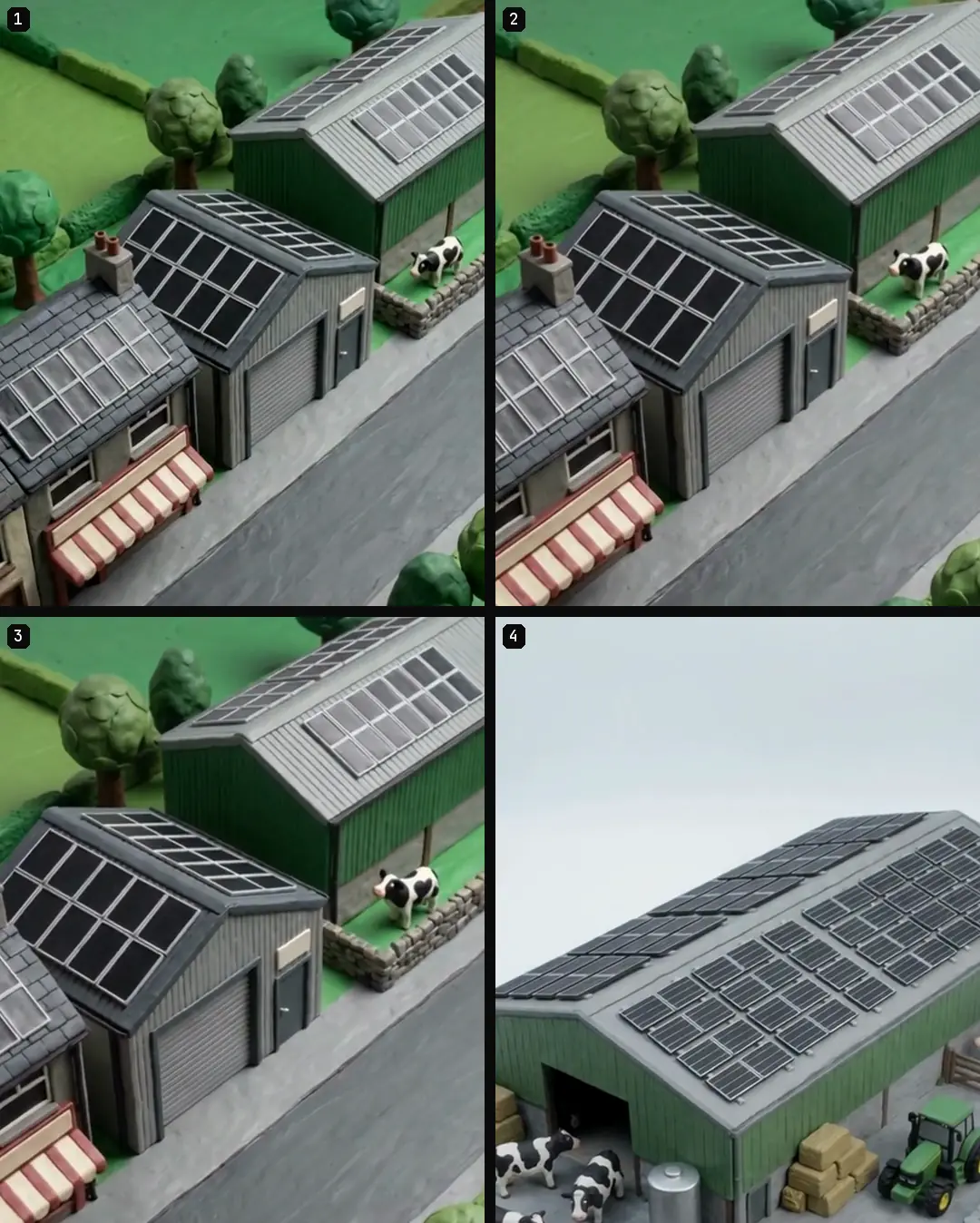 Four numbered frames from a clay ad, one second apart: three of a street with a garage, then a farm barn with cows after the cut