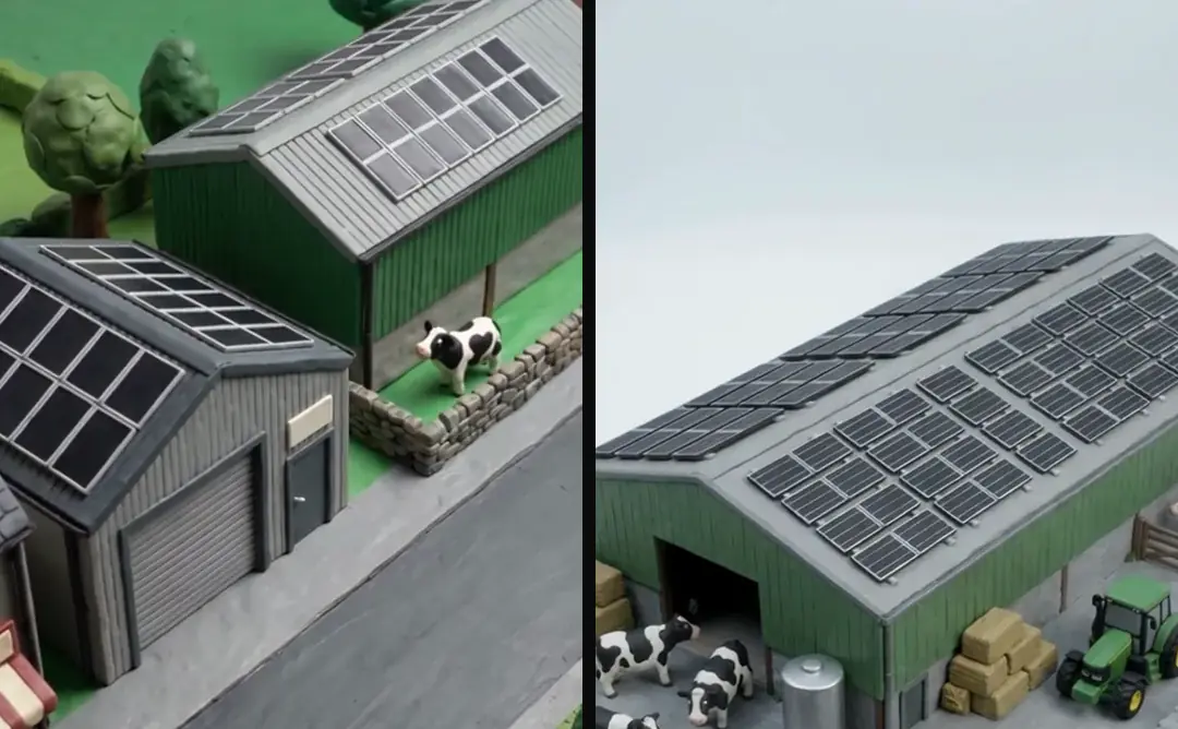 The same moment in two takes of a clay ad: a street with a garage and a cow in a field in take 2, a farm barn with cows and a tractor in take 3