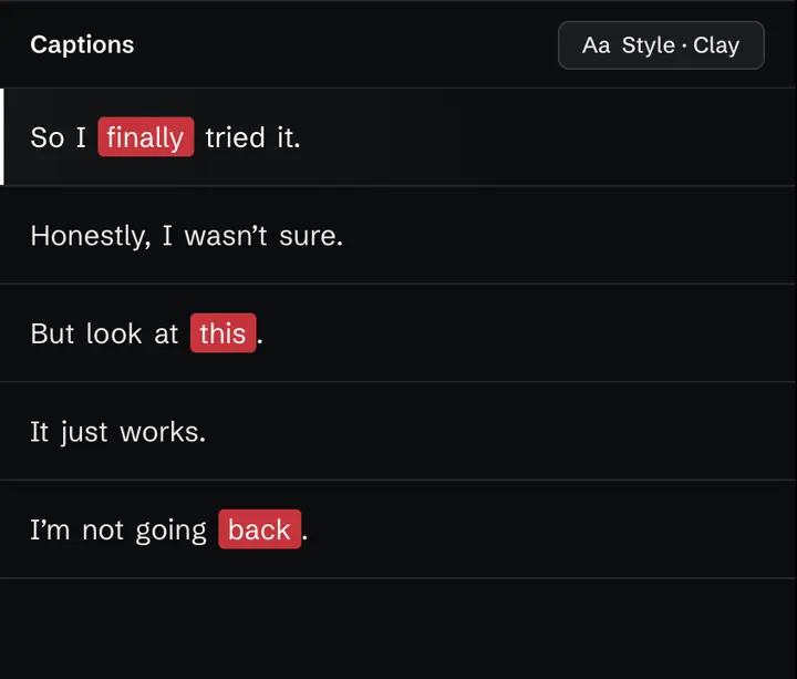 Illustration of a captions panel with five editable lines, one word in some of them highlighted in red
