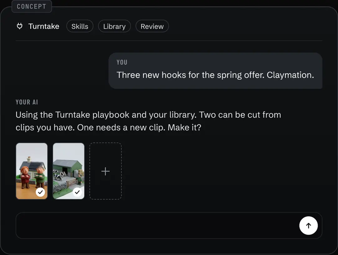 Concept illustration of a chat: you ask for three new claymation hooks for a spring offer, and your AI answers that two can be cut from your clips and one needs a new clip