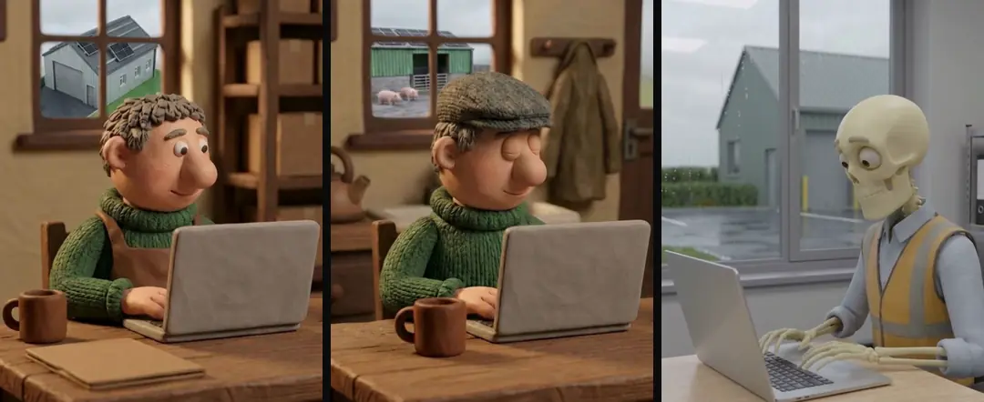 Three figures seen from the side at their own laptops: a clay man in an apron, a clay farmer in a flat cap and a skeleton in a high-visibility vest
