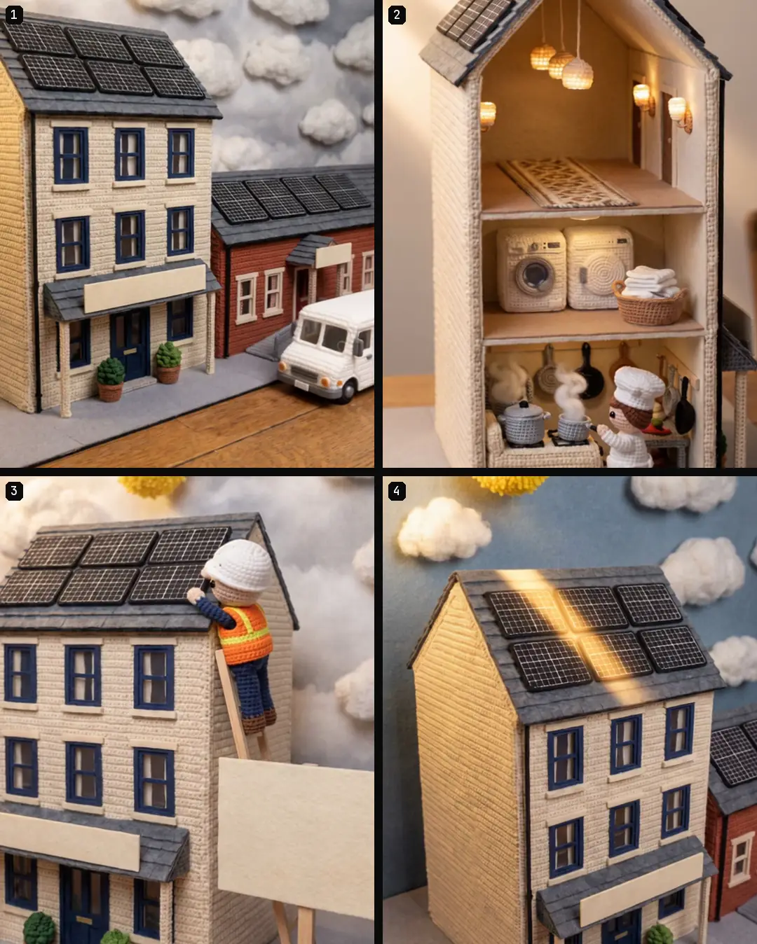 Four numbered crochet shots of one hotel: the building with a minibus, a cutaway of its kitchen and laundry, an installer on a ladder, and the roof in sun