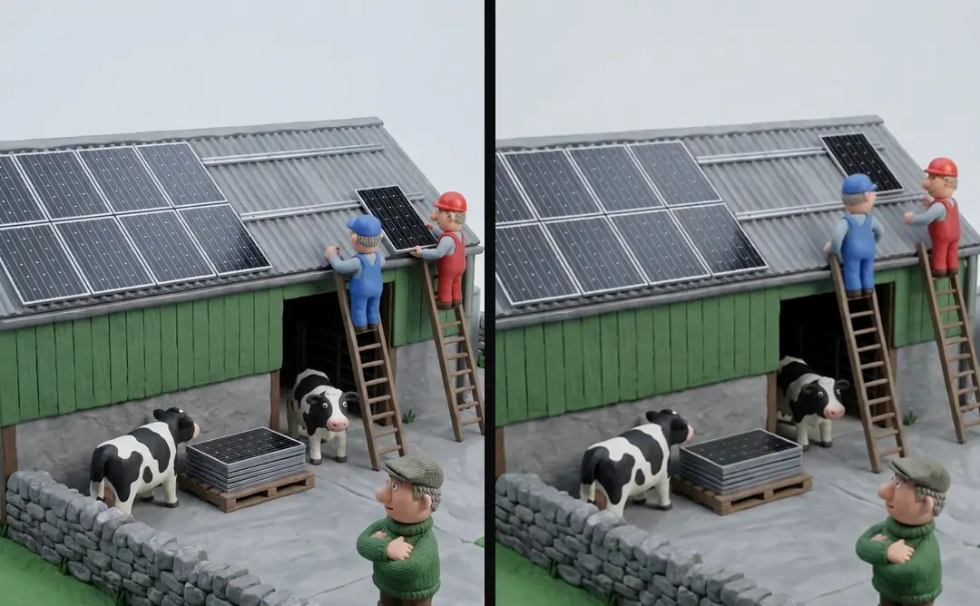 An approved clay still of installers on ladders at a cow shed roof, beside a frame from the generated clip of the same scene