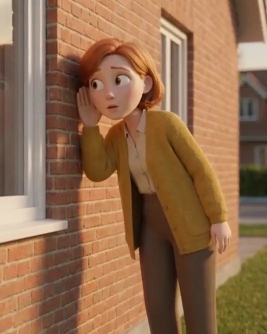 A muted loop of a 3D woman knocking on a brick wall by a window and leaning in to listen