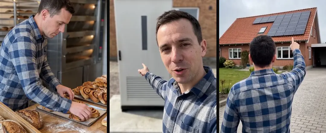The same AI-generated man in three shots: arranging pastries in a bakery, pointing at a battery cabinet outside, and pointing up at a roof