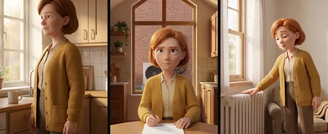 A 3D character reference of a woman in a mustard cardigan, then two shots of her: writing at a kitchen table and touching a radiator