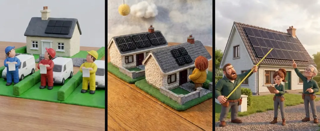 One idea in three of our worlds: three clay installers by their vans in front of a house, two crocheted bungalows side by side, and three 3D installers sizing up a roof