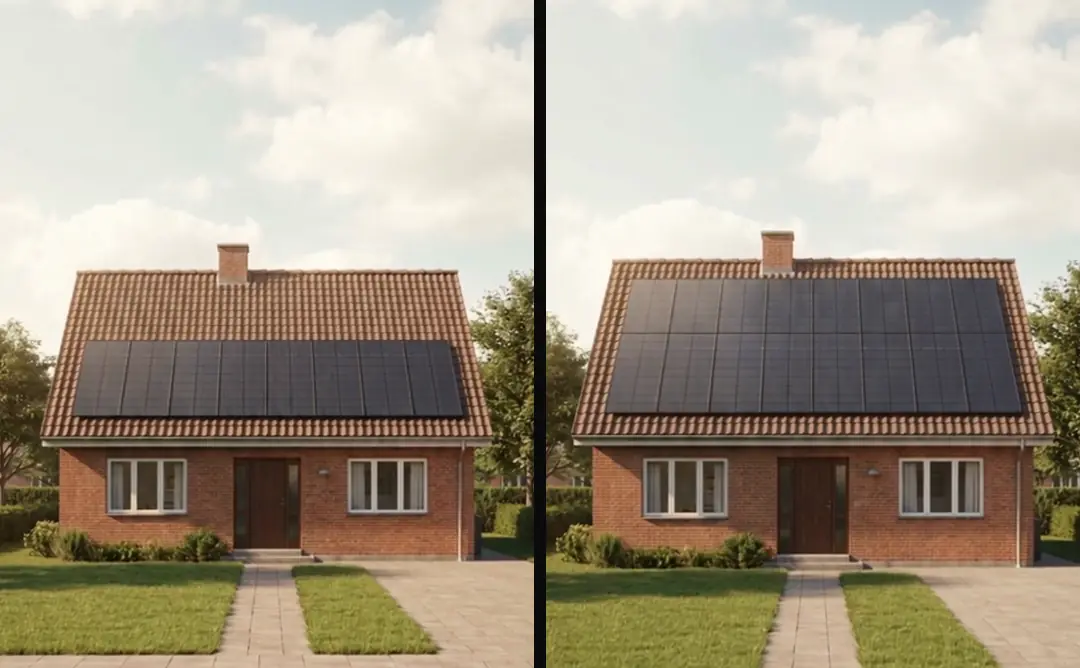 Two near-identical 3D views of one brick house: a narrow band of dark panels on the front roof face on the left, a larger field of panels on the right