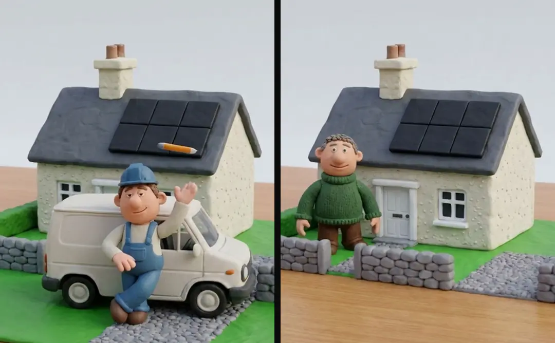 Two clay openings for one ad body: an installer in blue overalls leaning on a van and waving, with a pencil across the panels, and a man in a green jumper in front of the same house