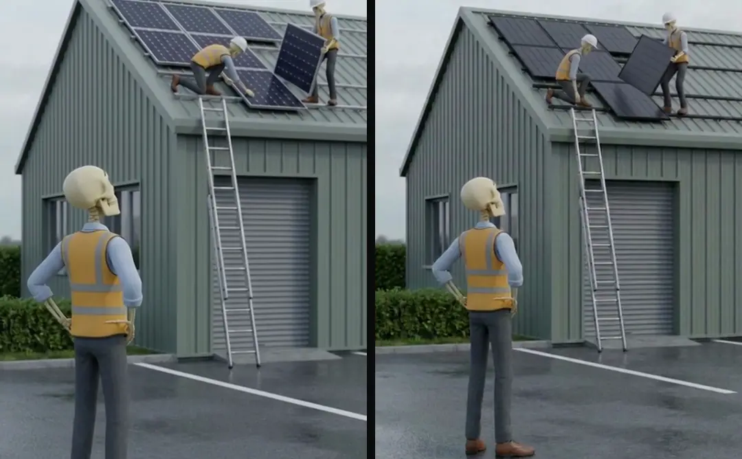 Two versions of one skeleton shot: an owner watching installers on a unit roof, then the same shot with black panels and a locked camera