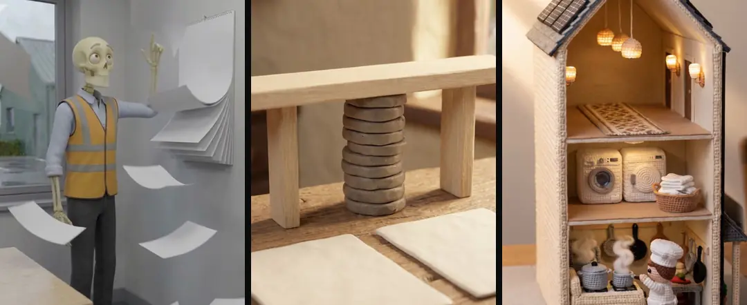 Three different concepts in three styles: a skeleton tearing blank pages off a wall calendar, a stack of clay coins growing to a beam, and a crochet hotel cut open