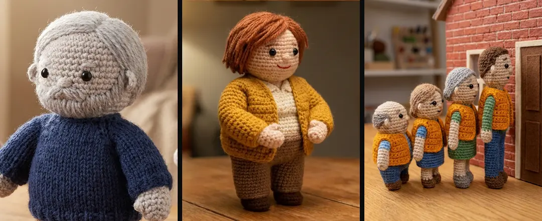 Approved crochet reference stills: an older man in a blue sweater, a woman in a mustard cardigan, and four installers in orange vests by a brick wall