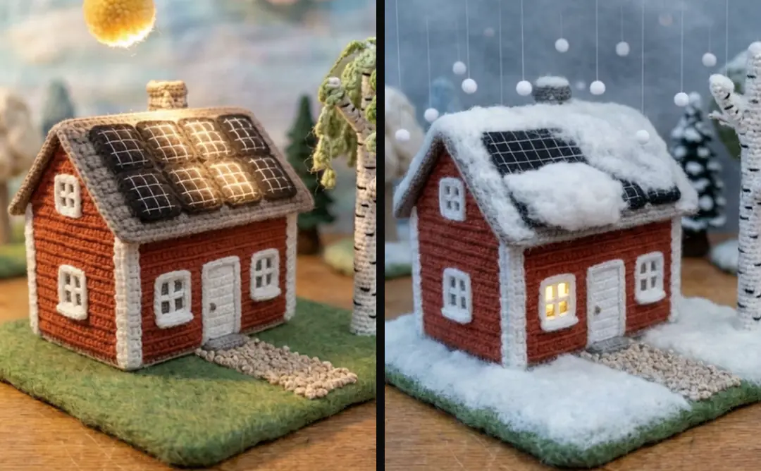 The same red crochet house twice: in summer sun with a pompom sun overhead, and in winter with woolly snow covering the panels