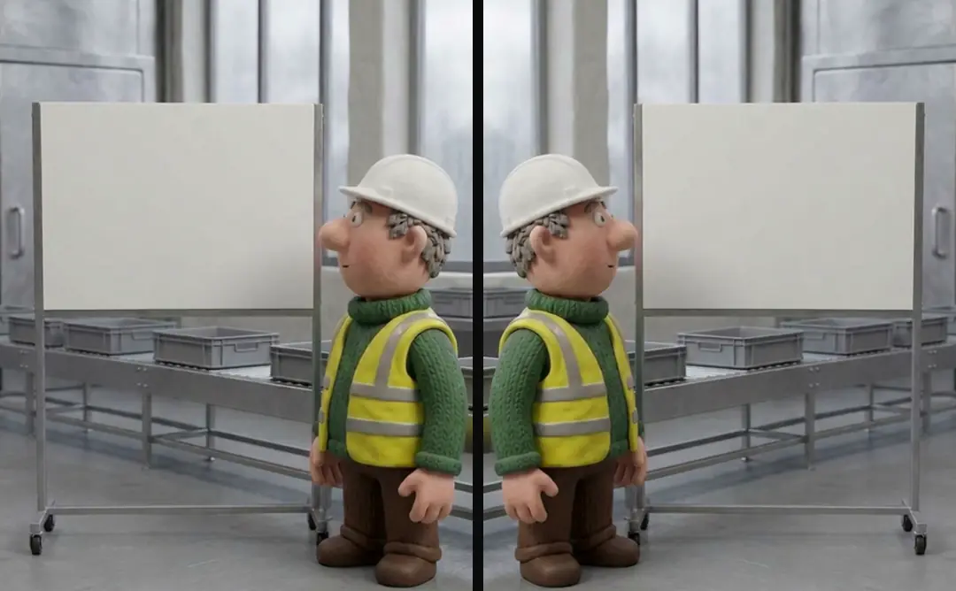 A clay operations manager in a high-visibility vest and hard hat beside a blank whiteboard, and the same clip mirrored so he stands on the other side