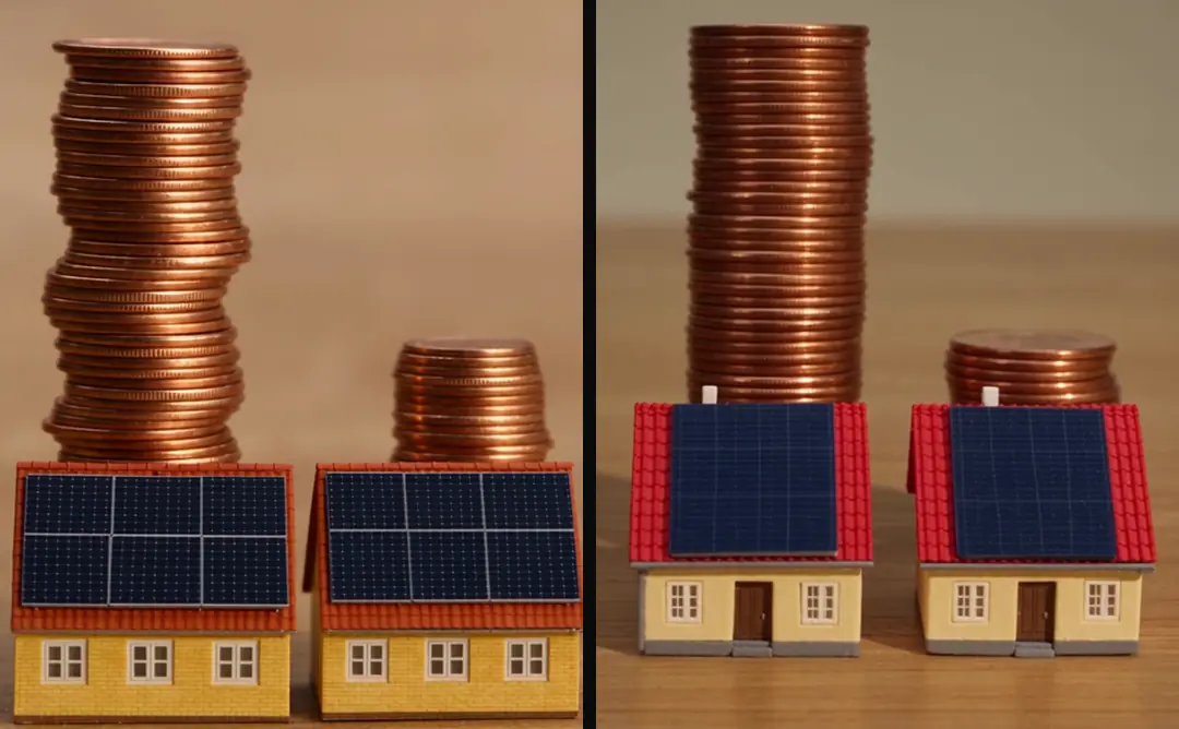 Two similar clips of two miniature houses with solar panels and a tall and a short coin stack, with different house models, background and camera height
