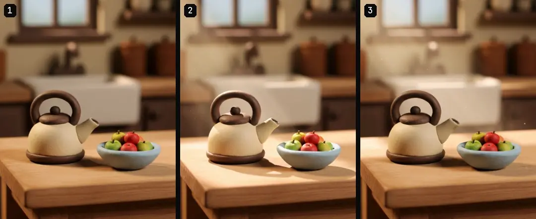 Three numbered frames from an almost still clay kitchen with a kettle and a fruit bowl, taken at the start, middle and end