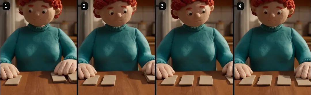 Four numbered frames at even steps through a clay shot of a woman laying four blank quotes on a kitchen table