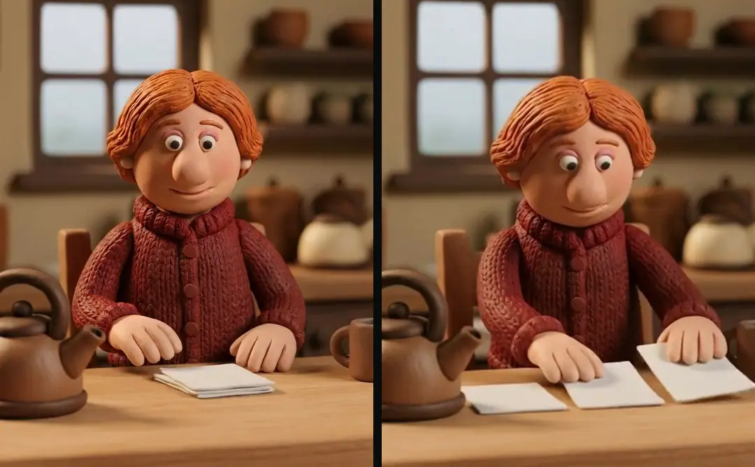 Two clay kitchen shots side by side: on the left the opening frame held still, on the right the same shot playing as a woman lays out sheets