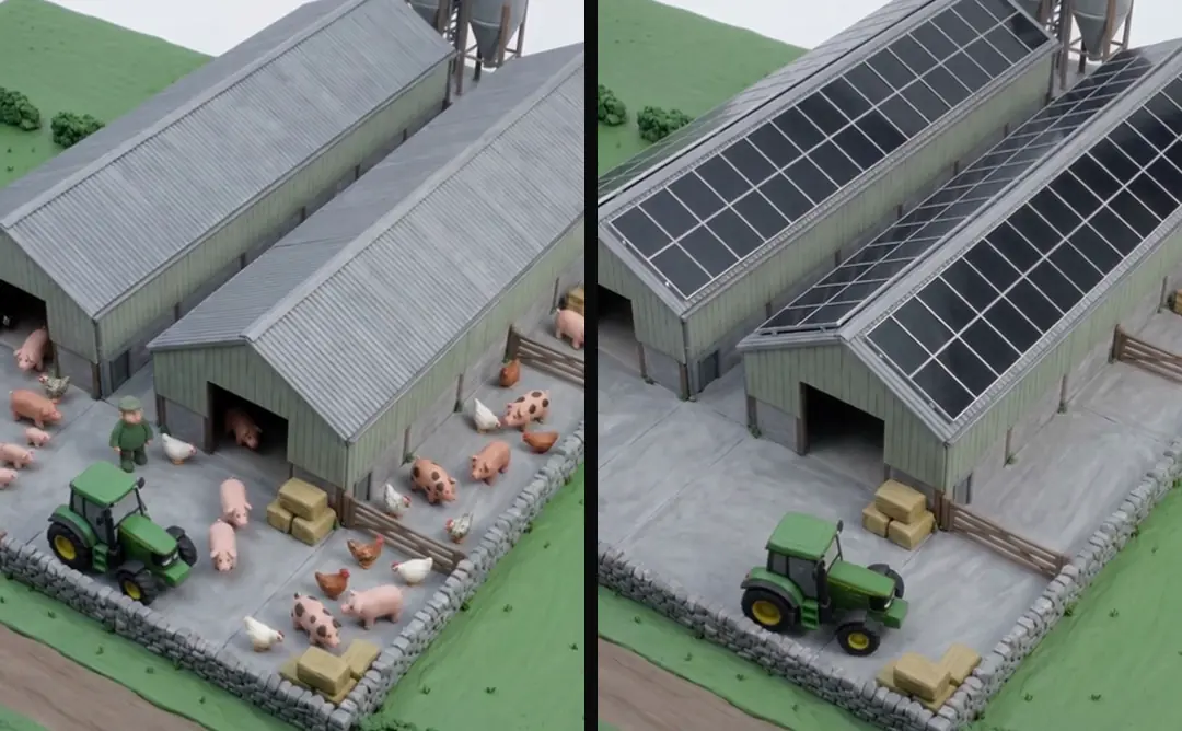 The same clay farm from nearly the same high angle twice: two long sheds with bare roofs, then both roofs covered with black panels
