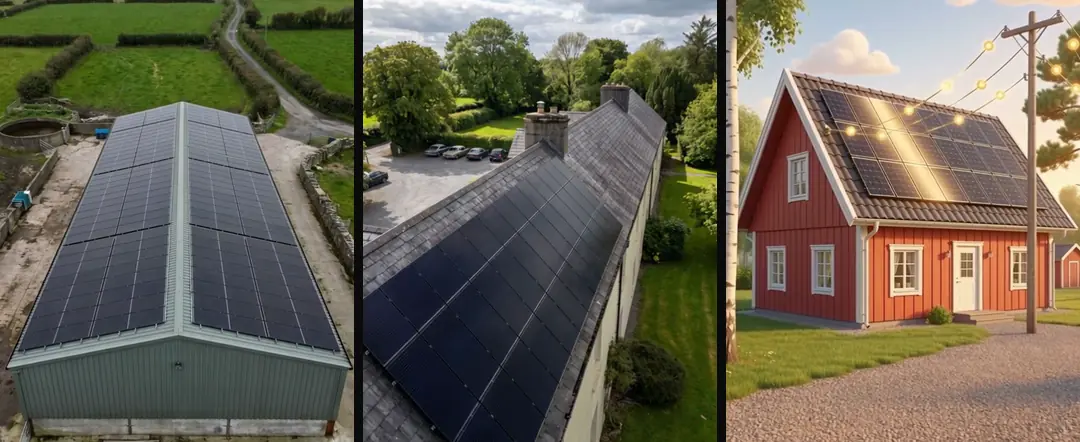 Three aerial views of buildings with solar panels: a cattle shed, a hotel roof in sun, and a 3D house with a power line