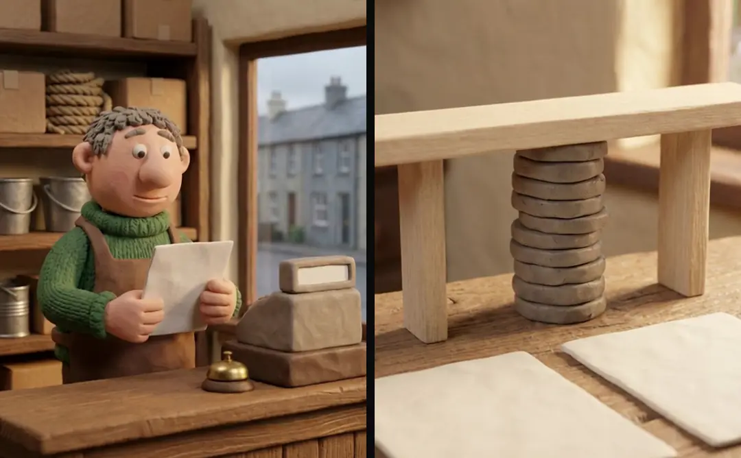 Two clean clay library clips without captions: a shop owner reading a blank letter behind his counter, and coins stacking up to a wooden beam