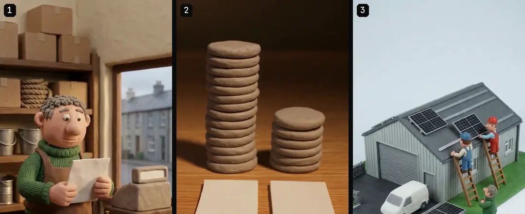 Three numbered frames from the first seconds of a clay ad: a shop owner reading a letter, stacks of clay coins, then a clay warehouse with two installers on ladders