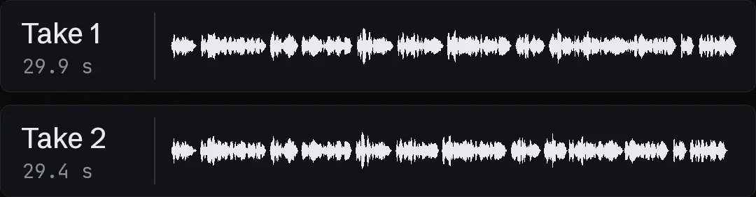 Waveforms of two takes of the same 30-second script, labeled take 1 and take 2 with their lengths, one above the other, with the pauses in slightly different places