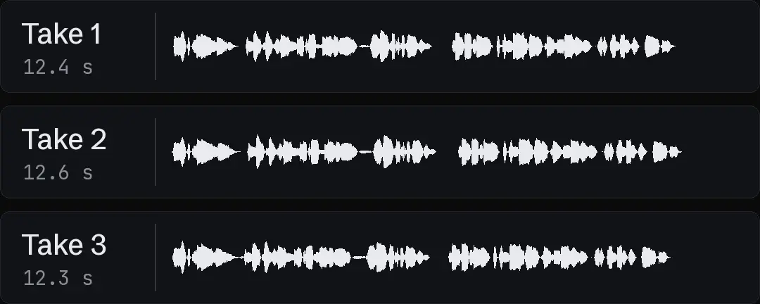 Three waveforms of one voice reading the same audition line in three takes, each lane with its length