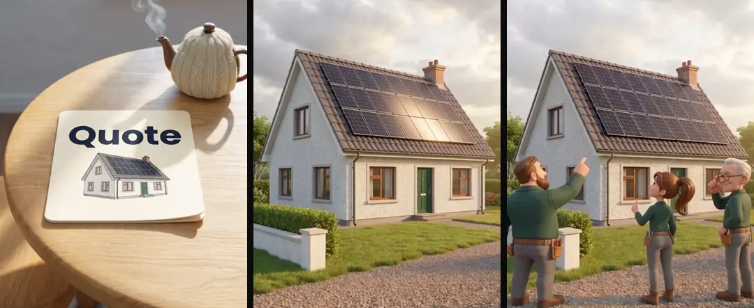 Three 3D shots from the ad this voiceover was made for: a card reading Quote on a kitchen table, a house with panels, and three installers pointing up at the roof