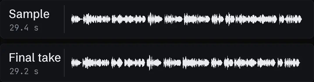 Two waveforms on one time axis: an early sample read of an ad script and the final voiceover of the same script