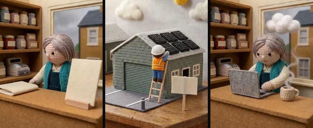 Three crochet clips from one world: a shop owner pushing a folder across the counter, an installer on a ladder with a panel, and the owner at a laptop