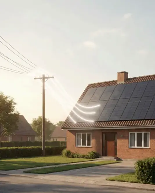 A muted loop of a faint stream of light running along the power line from a brick house to a mast