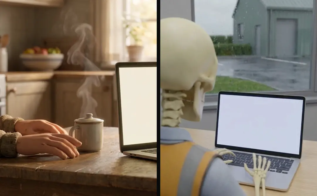 Two closing shots without a face in view: 3D hands resting by a laptop and a coffee cup, and a skeleton seen from behind at a blank laptop screen