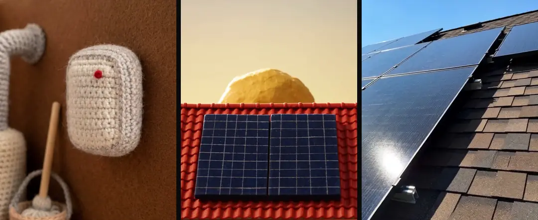 Three openings without a face: a crochet battery on a utility room wall, a clay panel on a tiled roof up close, and sunlight glinting across solar panels