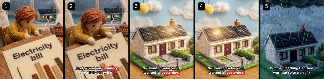 Five numbered frames taken every two seconds from a finished crochet ad, side by side