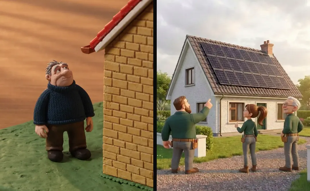 Two frames either side of a cut between two styles: a clay man on a lawn looking up beside a brick house, then three 3D installers pointing up at a roof with panels