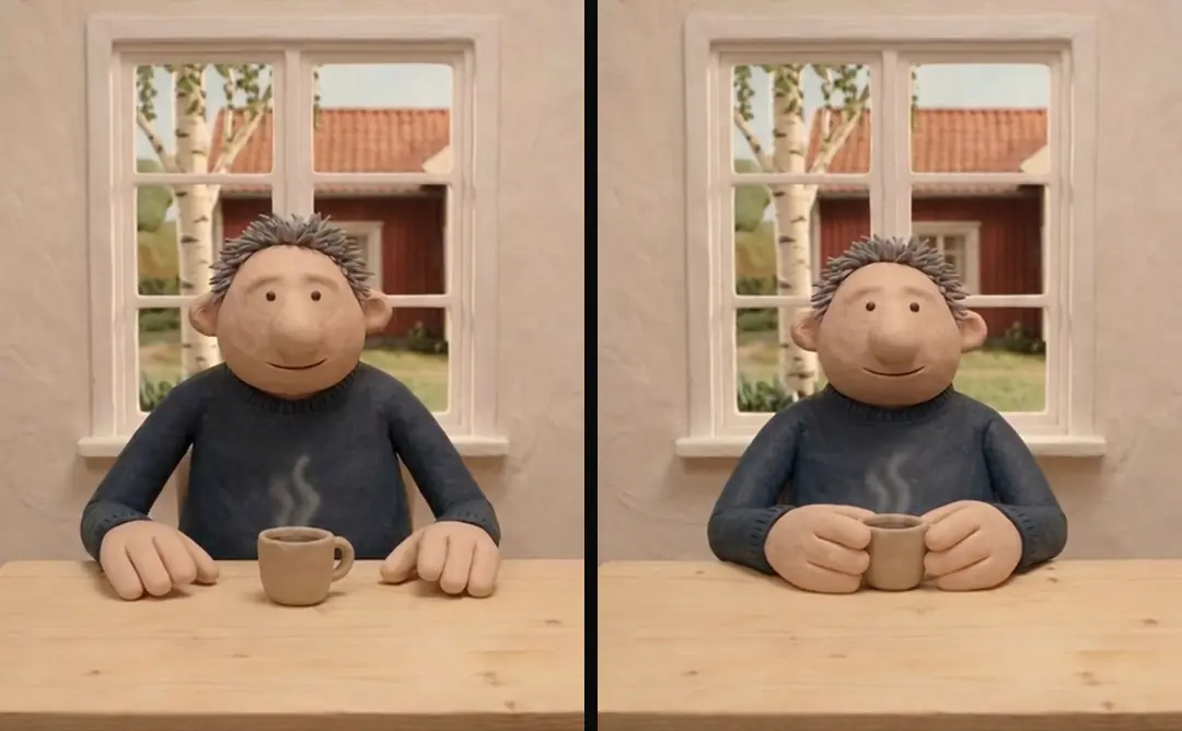 First and last frame of one trimmed clay clip: a man at a kitchen table with a coffee cup, leaning back