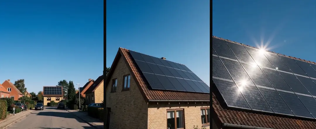 Three photorealistic shots of one yellow brick house: the street, a low angle up at the roof and a close-up of the panels