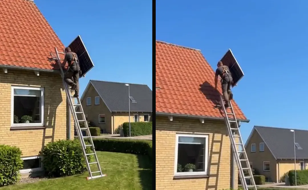 First and last frame of one shot of an installer climbing a ladder with a panel, filmed through a car window; the climb is already under way in the first frame