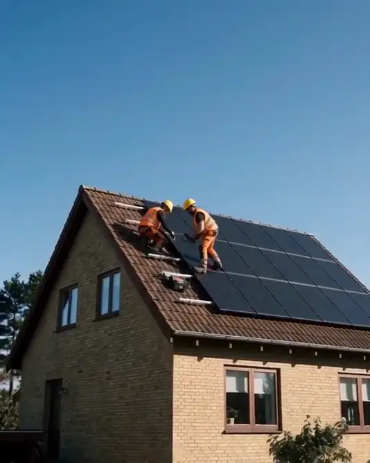 A muted loop of installers working on a roof with solar panels while the camera moves