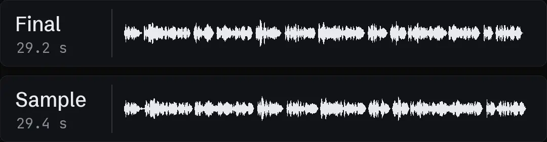 Two waveforms of the same script with slightly different pauses: the final voiceover and an earlier sample read