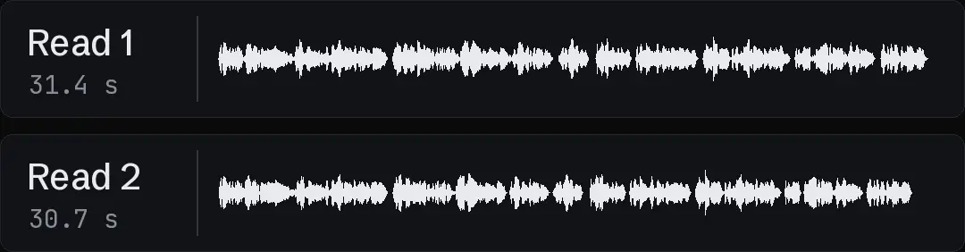 Two waveforms of the same ad script read twice, on one time axis, with the gaps between sentences visible